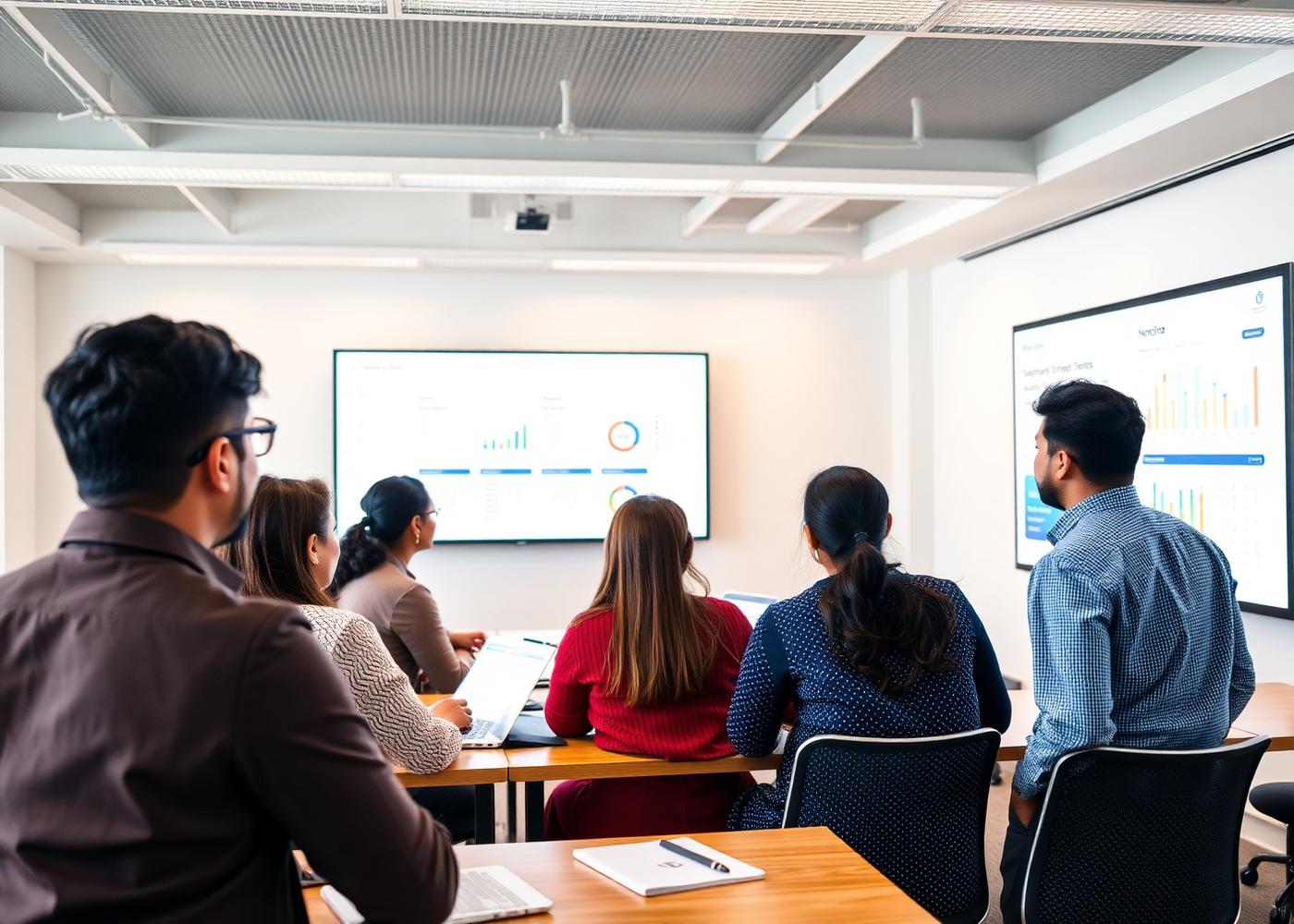 Trainer teaching SAP S/4 HANA dashboards to a class of professionals