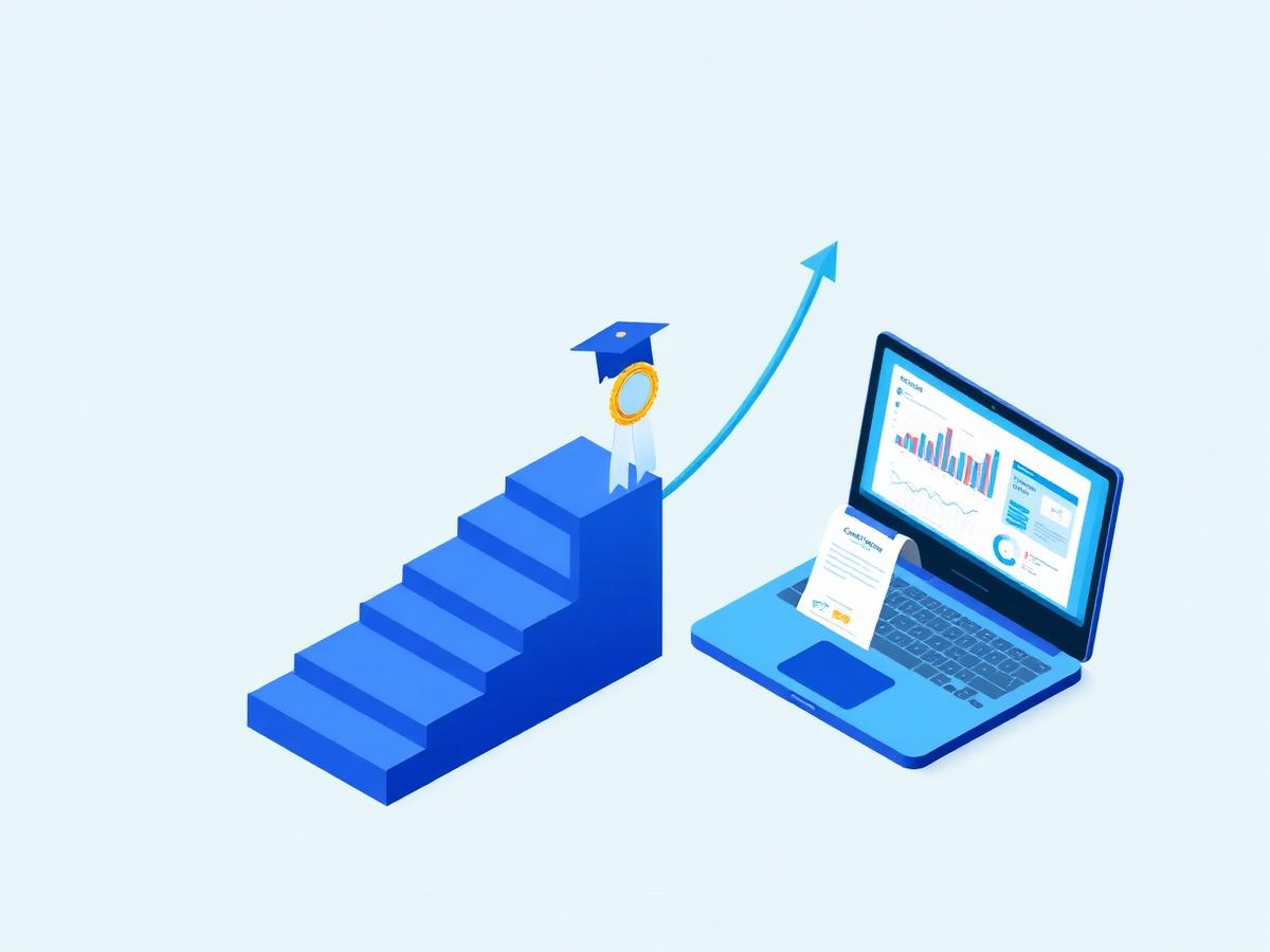 Illustration of a career roadmap with certification and analytics dashboard
